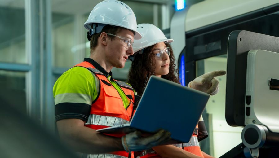 Industriearbeiter interagiert mit digitalem Interface zum Thema industrielle Terminologie: Symbol für Terminologiemanagement und präzise Fachsprache in technischen Übersetzungen.